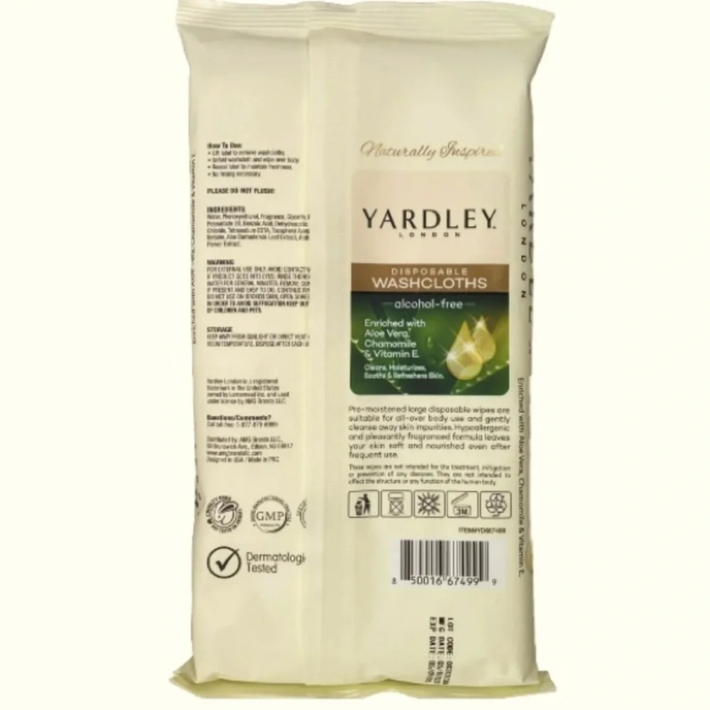 2 YARDLEY LONDON 18 DISPOSABLE WASHCLOTHS WITH ALOE VERA, CHAMOMILE & VITAMIN E.
